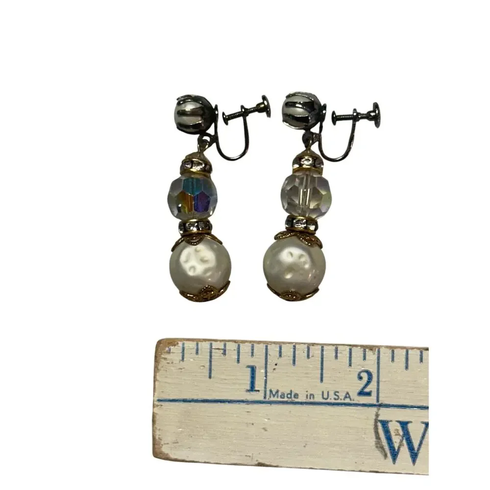 VTG Faux Pearl Crystal Gold Tone Drop Earrings Hollywood glam Statement jewelry